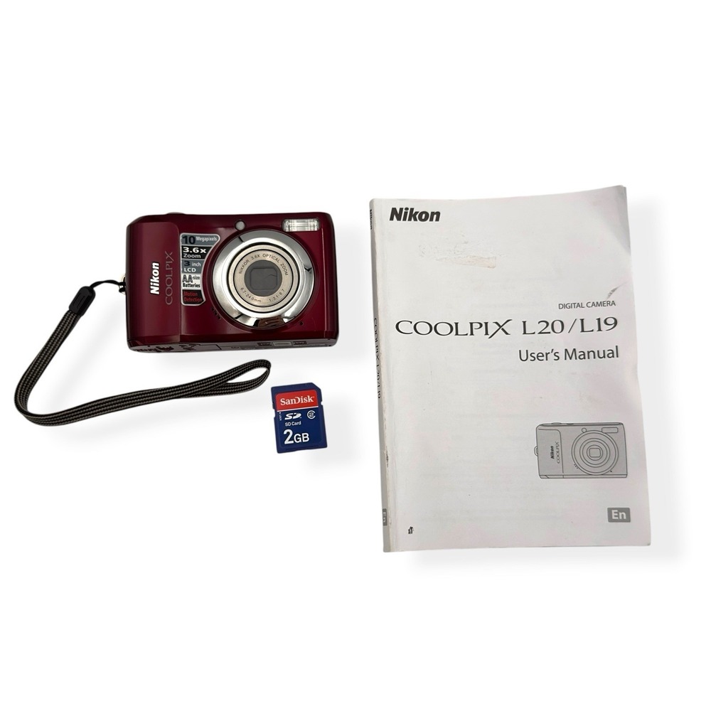 Nikon‎ COOLPIX L20 Red 10MP 3.6x Zoom Digital Camera w/ Card & Manual TESTED